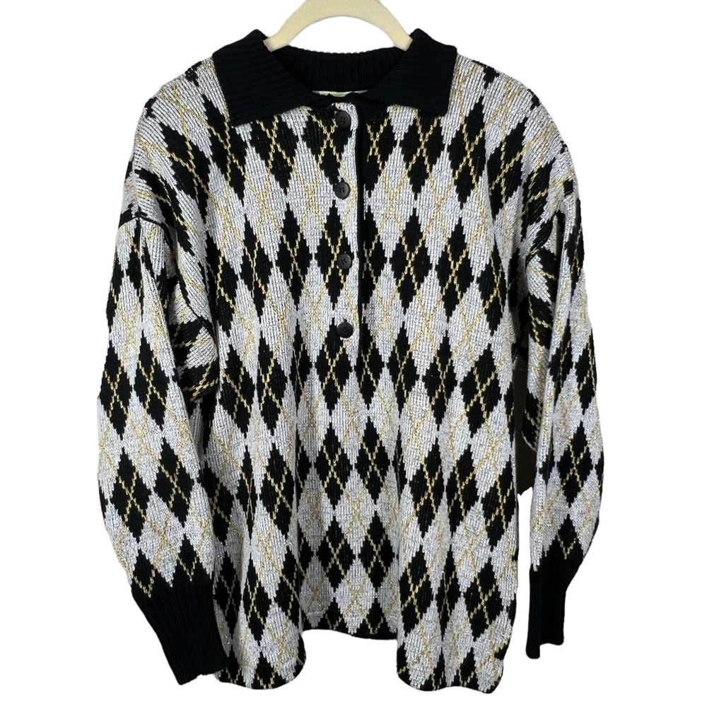 VTG DIANE VON FURSTENBURG 80’s Argyle Sweater Silver Gold Black Women’s Large